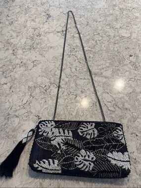 NWOT Mary Frances Retired Black Beaded Monstera Leaf Crossbody Clutch